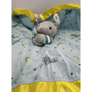 Goodnight Moon Bunny Security Blanket Lovey Blue Stars Yellow Satin Baby Boy